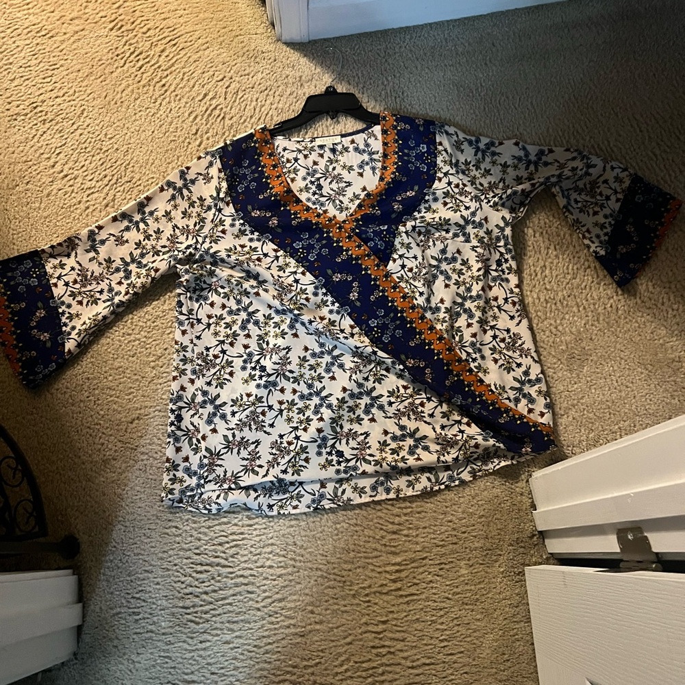 Floral V-Neck Blouse with Blue and Orange Accents
